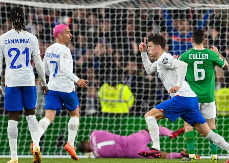 France’s defender Benjamin Pavard celebrates after scoring against Ireland.