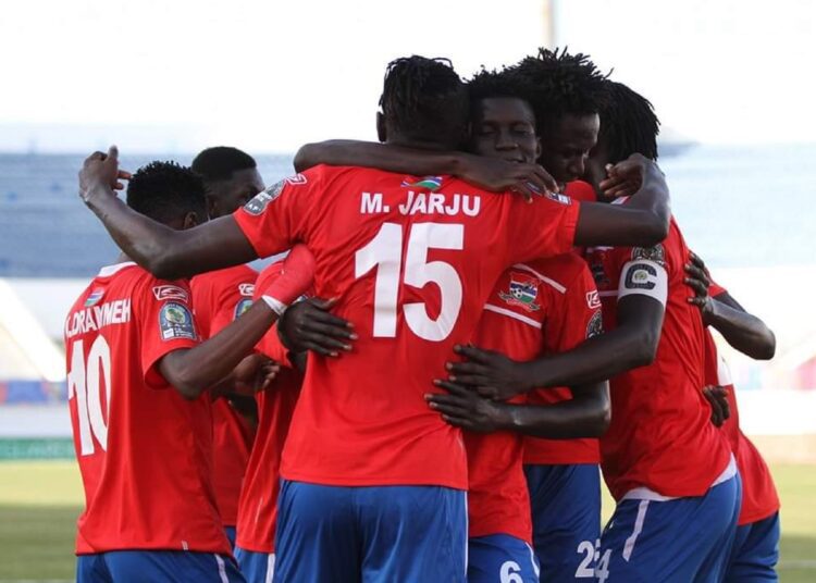 Gambia’s players celebrate after qualifying for the U-20 Africa Cup of Nations semi-finals.