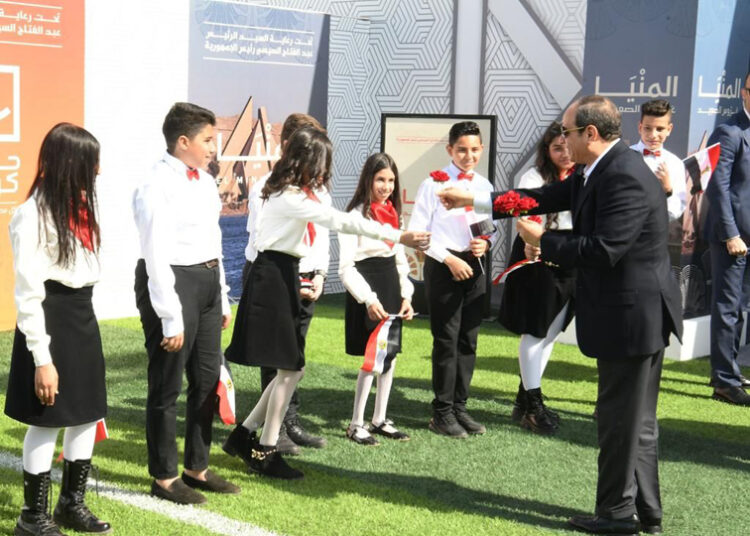 Sisi announces raising minimum wage for government employees to LE3,500, pensions by 15% starting April 1 - Egyptian Gazette President Abdel Fattah El Sisi during his inspection of development projects carried out in Maasara village in the Upper Egyptian governorate of Minya yesterday.