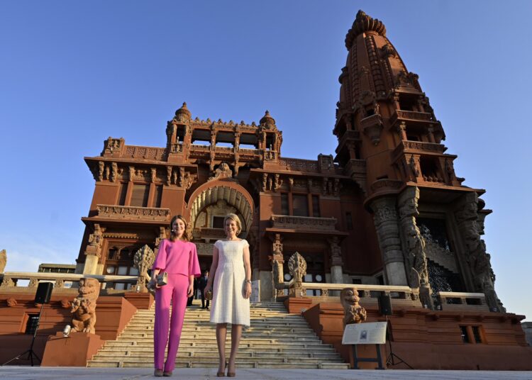 Queen Mathilde of Belgium, Duchess of Brabant Princess Elisabeth posing for a photo in front of Baron Empain Palace in Heliopolis, Cairo on March 14, 2023.