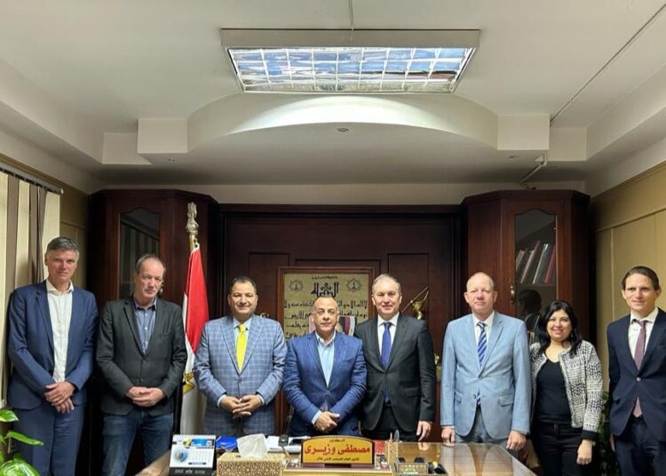 Mostafa Waziry (C) and Vito Cecere (fourth from R) posing for a photo after their meeting in Cairo.