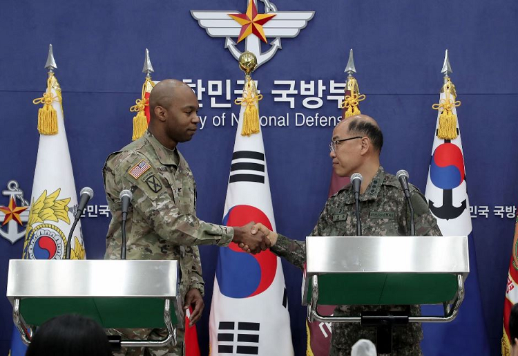 US, South Korea to hold big exercises 1 - Egyptian Gazette FILE PHOTO: Col. Isaac Taylor of the United Nations Command (UNC), Combined Forces Command (CFC), and United States Forces Korea (USFK) and Col. Lee Sung-jun of South Korea's Joint Chiefs of Staff attend the press briefing of 2023 Freedom Shield Exercise at the Defense Ministry on March 03, 2023 in Seoul, South Korea.