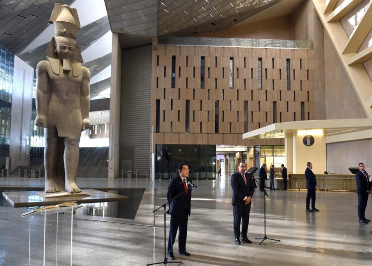 The Egyptian and Japanese prime ministers holding a joint press conference at the Grand Egyptian Museum on Sunday.