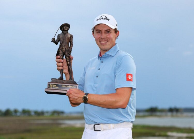 Matt Fitzpatrick celebrates with the trophy after winning the RBC Heritage in South Carolina.