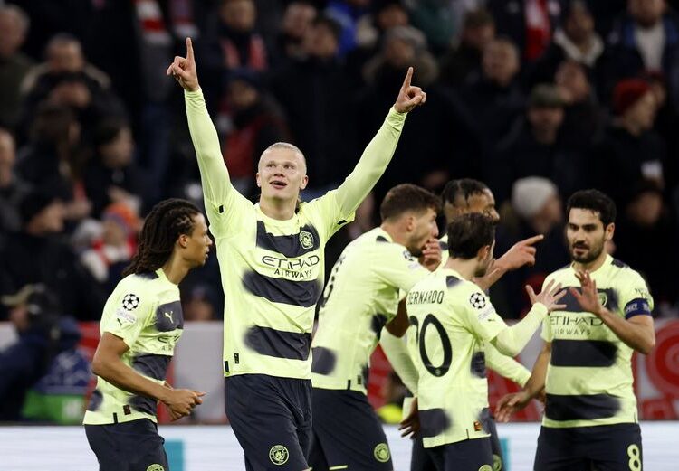 FILE PHOTO: Soccer Football - Champions League - Quarter Final - Second Leg - Bayern Munich v Manchester City - Allianz Arena, Munich, Germany - April 19, 2023 Manchester City's Erling Braut Haaland celebrates scoring their first goal with teammates REUTERS/Heiko Becker