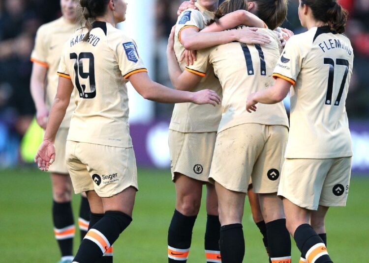 Chelsea’s players celebrate after scoring against Aston Villa during the FA Women's Super League at Poundland Bescot Stadium in Walsall, England.