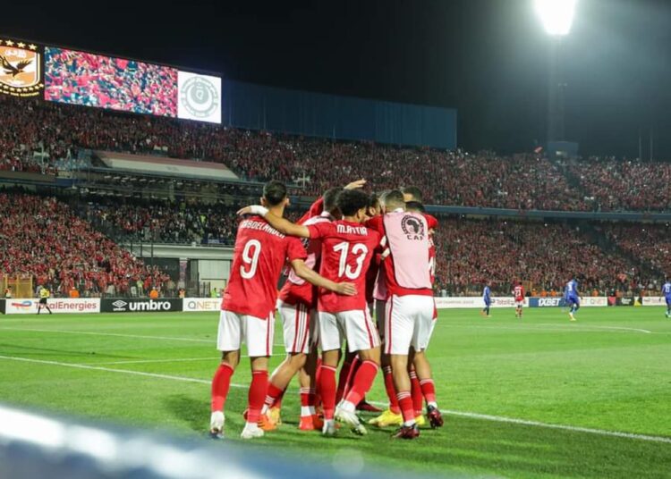 Al-Ahly reaches CAF Champions League last eight 1 - Egyptian Gazette Al-Ahly’s players celebrate after scoring against Al-Hilal of Sudan in a CAF Champions League tie.