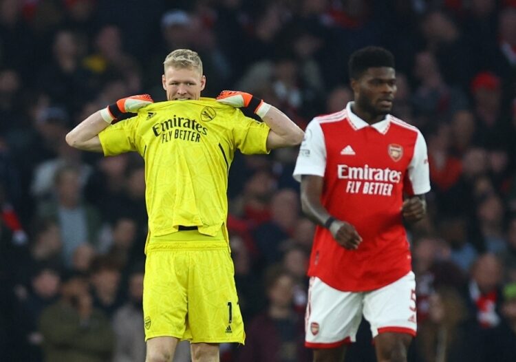 Arsenal's Aaron Ramsdale reacts after Southampton's Carlos Alcaraz scores their first goal, April 22, 2023.