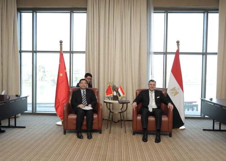 Minister of Tourism and Antiquities Ahmed Issa and Chinese Minister of Culture and Tourism Hu Heping during their meeting in Cairo on Tuesday