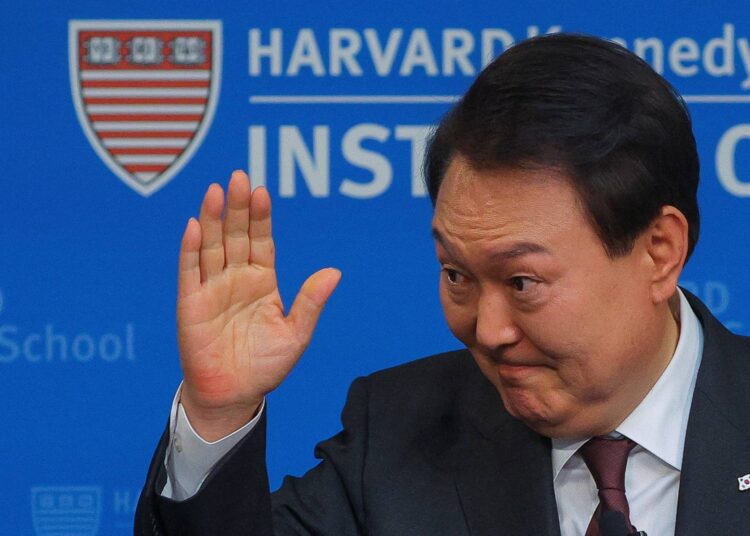 On lethal aid to Ukraine, South Korean leader says Seoul considering its options 1 - Egyptian Gazette South Korea's President Yoon Suk Yeol gestures as he attends an event at the Institute of Politics at the Harvard Kennedy School in Cambridge, Massachusetts, U.S., April 28, 2023. REUTERS/Brian Snyder
