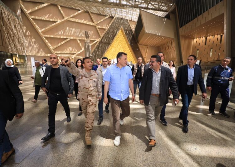 Minister of Tourism and Antiquities Ahmed Issa (centre) during his tour of the Grand Egyptian Museum in Giza