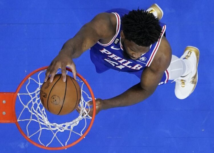 Philadelphia 76ers' Joel Embiid dunks against the Boston Celtics during Game 6 of an NBA playoffs Eastern Conference semi-final in Philadelphia.