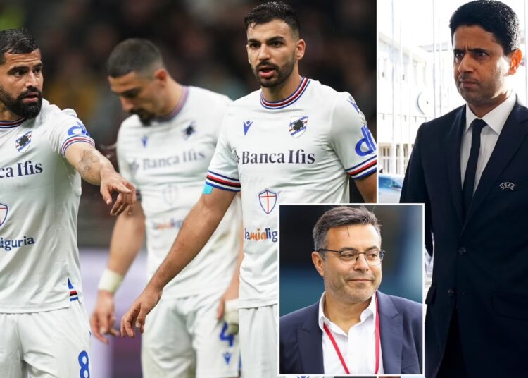 Paris Saint-Germain's president Nasser al-Khelaifi (R) is in advanced talks to complete a takeover of Italian outfit Sampdoria in partnership with Leeds chairman Andrea Radrizzani (2nd R).