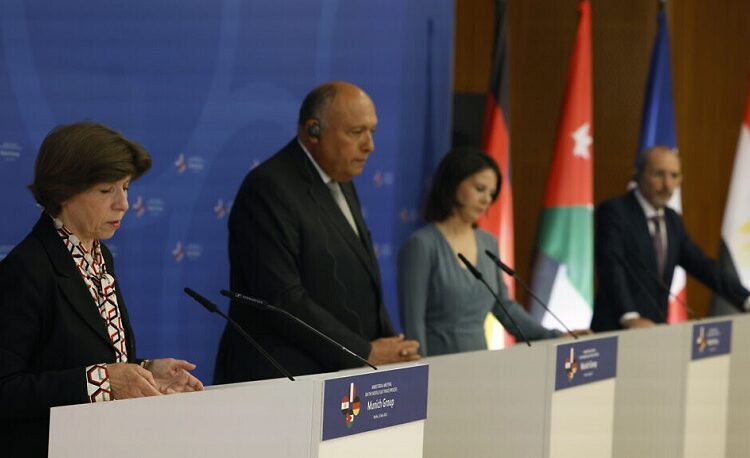 France, Egypt, Germany, Jordan say alarmed by violence, deteriorating security situation in Palestinian territories, Israel 1 - Egyptian Gazette (L-R) France's Foreign Minister Catherine Colonna, Egypt's Foreign Minister Sameh Shoukry, German Foreign Minister Annalena Baerbock and Jordan's Foreign Minister Ayman Safadi give a joint press conference to comment on their Ministerial Meeting on the Middle East Peace Process, on May 11, 2023 at the Foreign Office in Berlin.