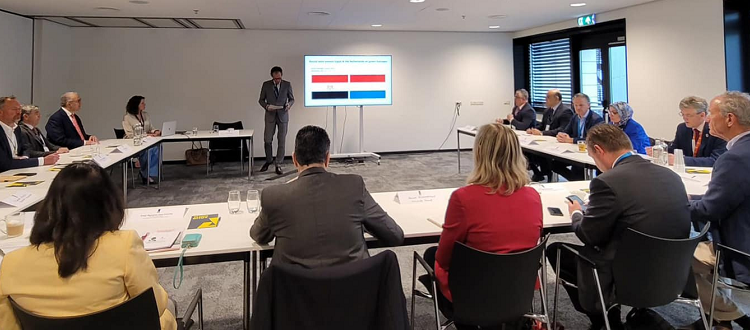 Chairman of the Suez Canal Economic Zone Walid Gamal Eddin during the first session of the Global Renewable Hydrogen Forum in Rotterdam city, the Netherlands.