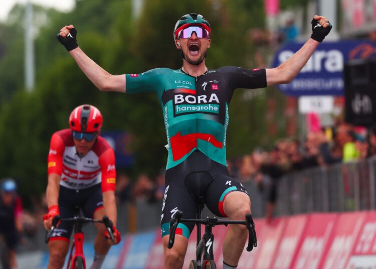 Nico Denz of Bora-Hansgrohe celebrates winning Giro d’Italia stage 12 in Rivoli.