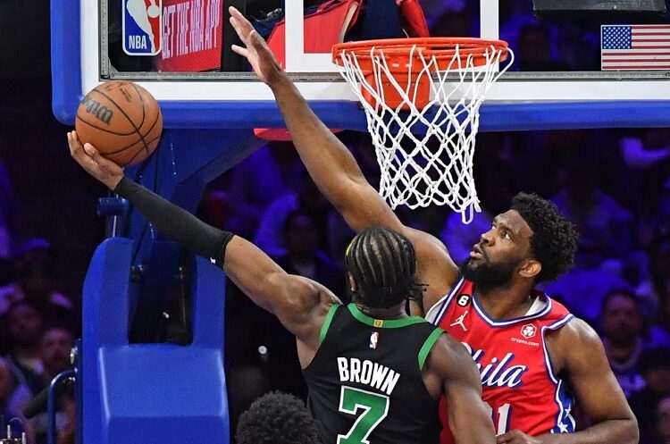 Philadelphia 76ers' Joel Embiid (R) blocks Boston Celtics Jaylen Brown’s lay-up attempt during Game 3 of the NBA Eastern Conference semi-finals series.
