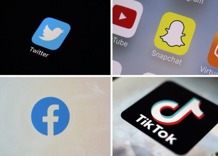 FILE - This combination of photos shows logos of Twitter, top left; Snapchat, top right; Facebook, bottom left; and TikTok.