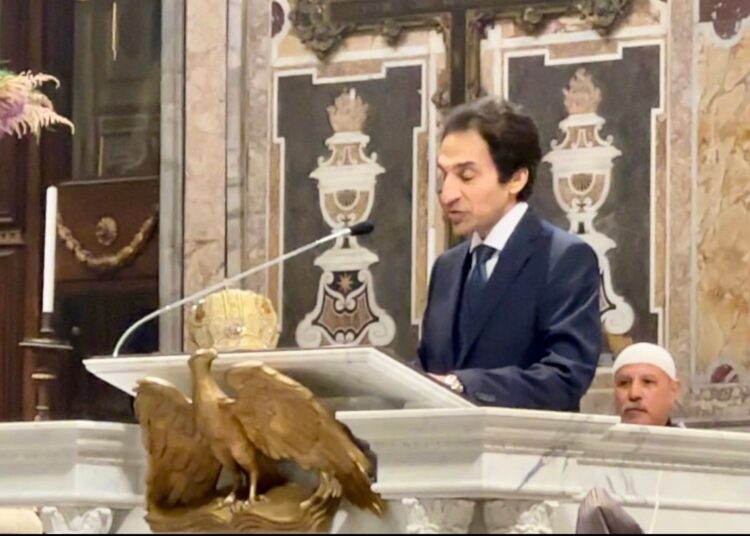 Egypt’s Ambassador to Italy Bassam Radi attending a mass at the San Giovanni Cathedral in Rome, with Pope of Alexandria Tawadros II.