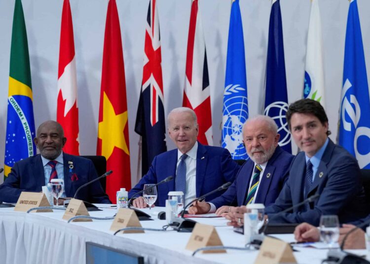 G7 reaffirms commitment to a highly decarbonised road sector by ‘30 1 - Egyptian Gazette President Joe Biden sits with the President of Comoros, Azali Assoumani, Brazil's President, Luiz Inacio Lula de Silva, and Canadian Prime Minister, Justin Trudeau during a G7 working session on food, health and development during the G7 Summit in Hiroshima, Japan, Saturday, May 20, 2023. Susan Walsh/Pool via REUTERS