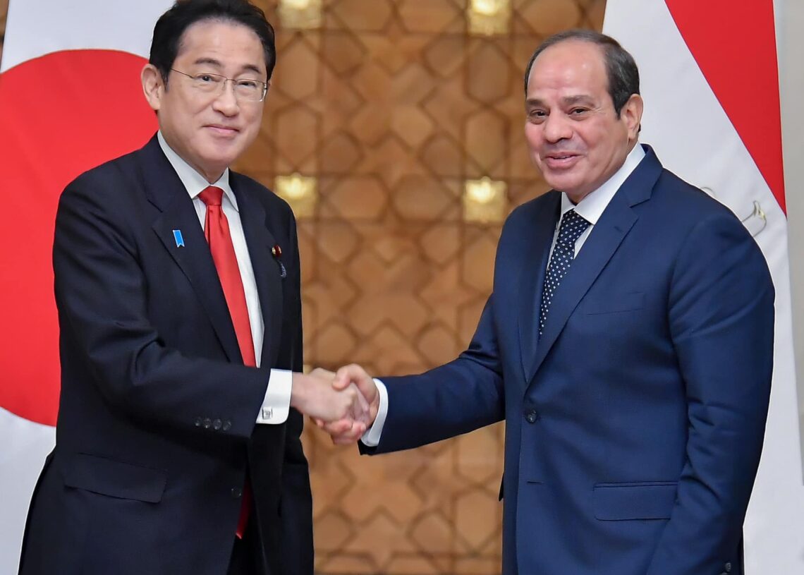 Ambassador: Japan PM visit to Egypt ‘historical milestone in friendship’ 11 - Egyptian Gazette Egypt’s President Abdel-Fattah El-Sisi shaking hands with Japanese Prime Minister Fumio Kishida prior to their meeting in Cairo on Sunday.