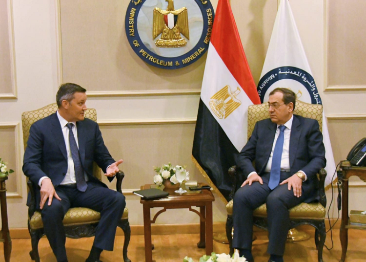 Egypt's Minister of Petroleum and Mineral Resources Tareq el Molla during his meeting with Weatherford company's Senior Vice President Weatherford company's Senior Vice President and Chief Commercial Officer David Reed.