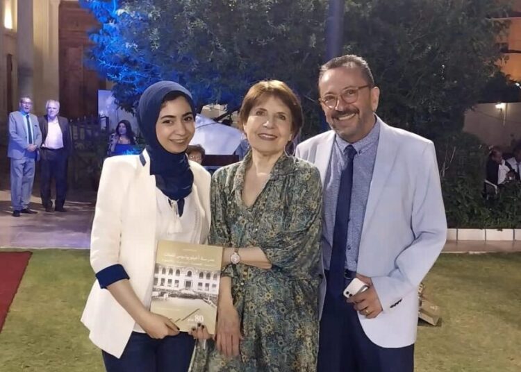The Gazette reporter with the book author, Maria Adamantidis, and the director of the Greek Culture Centre in Cairo, Christos Papadopoulos.