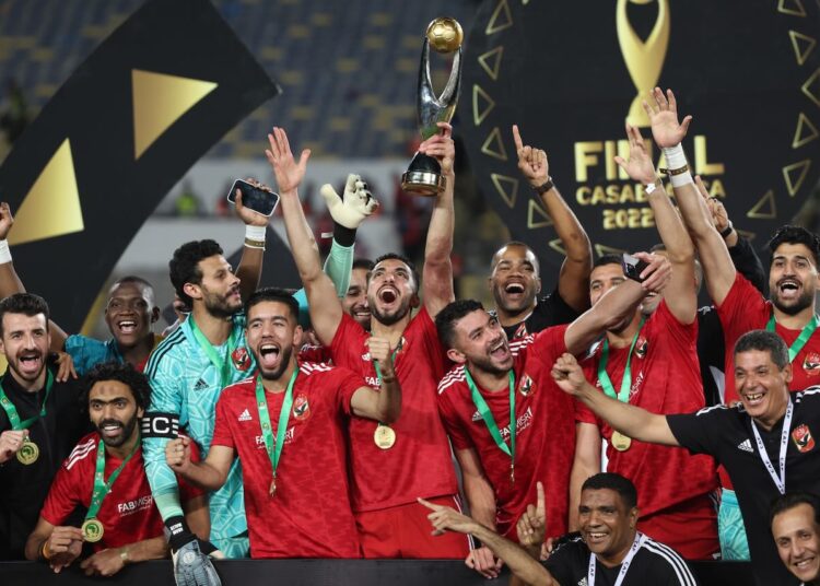 Sisi congratulates Ahly on claiming 11th African title 1 - Egyptian Gazette Ahly's players celebrate with the trophy after winning the CAF Champions League final football match between Morocco's Wydad AC and Egypt's Al-Ahly at the Mohammed V Stadium in Casablanca on June 11, 2023. (Photo by Fadel Senna / AFP)
