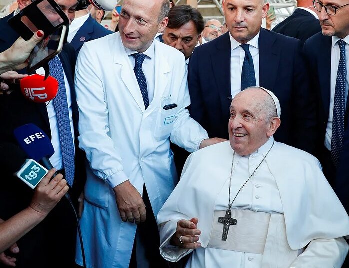 Pope Francis greets people on the day of his discharge from Gemelli hospital in Rome, Italy, June 16, 2023.