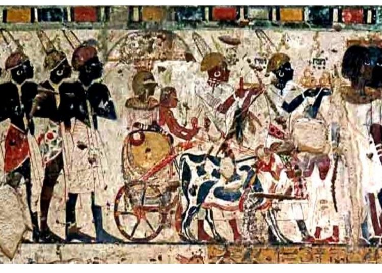A scene in the tomb of Huy showing Nubian princesses and servants in front of King Tutankhamun.