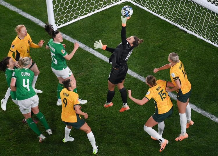 Australia's goalkeeper Mackenzie Arnold (C) makes a save during the Women's World Cup Group B match between Australia and Ireland at Stadium Australia, , in Sydney.