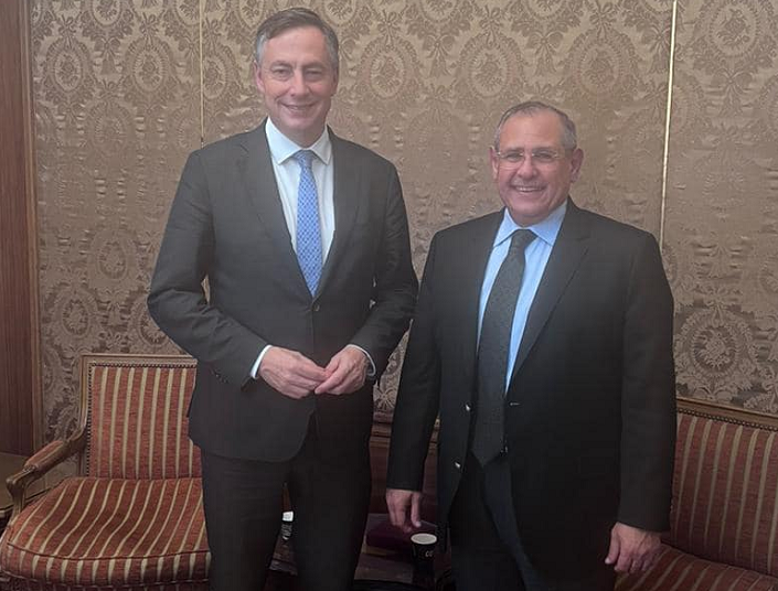 European Parliament Foreign Affairs Committee Chief David MacAllister during his meeting with Egyptian Assistant Foreign Minister for European Affairs Ihab Talaat Nasr.