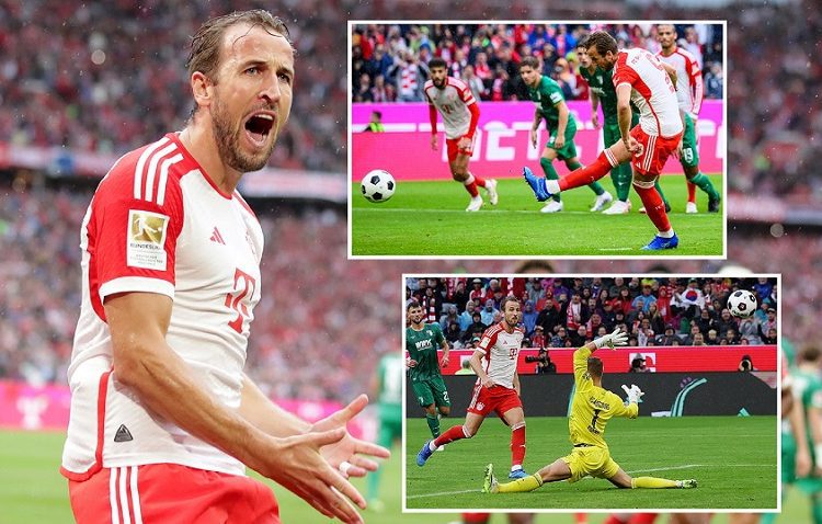 Bayern Munich's Harry Kane applauds fans after the match as he scored twice in his first league appearance.
