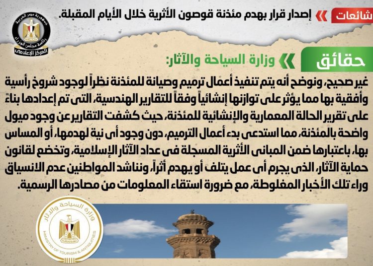 Gov't denies plans to demolish historic minaret of Qusun mosque 2 - Egyptian Gazette Gov't denies plans to demolish historic minaret of Qusun mosque 1 - Egyptian Gazette