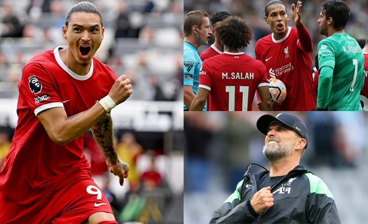 Darwin Nunez comes off the bench to score two brilliantly taken late goals and earn stunning comeback win for 10-man Reds after Virgil van Dijk was sent off in first half.