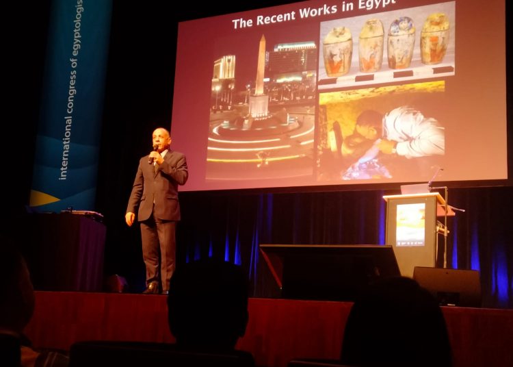 Supreme Council of Antiquities Secretary General Mostafa Waziry delivering his speech at the event on Aug 6.