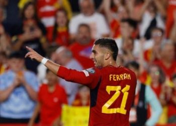 Spain’s Ferran Torres celebrates after scoring the sixth goal against Cyprus.