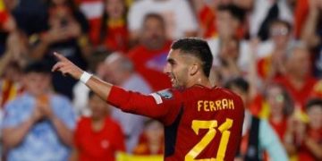 Spain’s Ferran Torres celebrates after scoring the sixth goal against Cyprus.