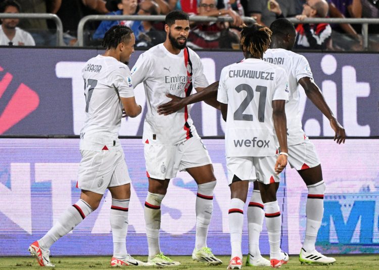 AC Milan eyes Serie A summit 1 - Egyptian Gazette AC Milan's players celebrate after scoring their third goal against Cagliari on September 27, 2023.
