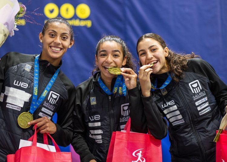 Egypt’s national team players pose with the gold medal at the Modern Pentathlon Junior World Championships.