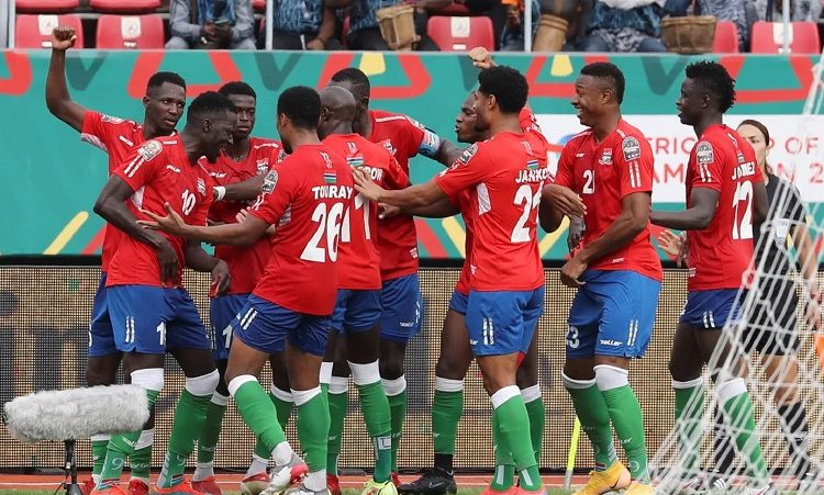 Gambia’s players celebrate after scoring against Congo in the 2023 Africa Cup of Nations qualifiers.