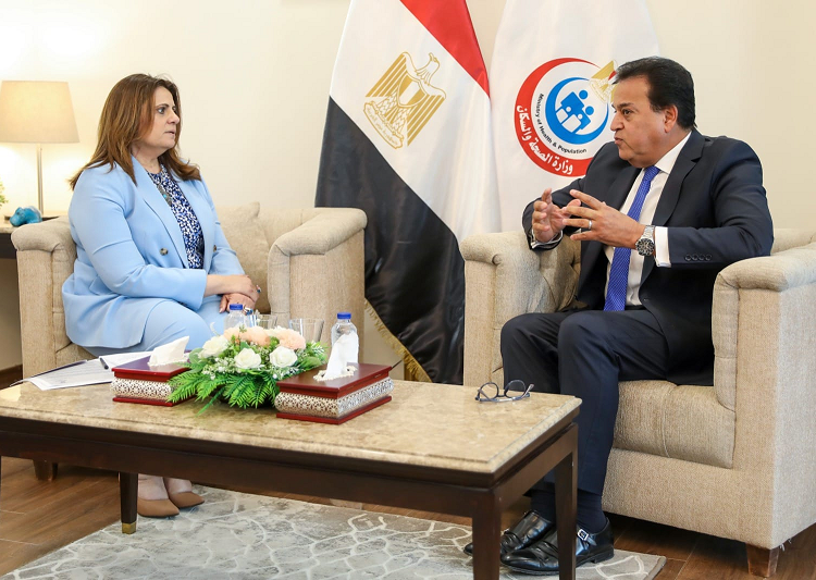 Health and Population Minister Khalid Abdel Ghaffar discussed with Minister of State for Emigration and Egyptian Expatriates' Affairs Soha Gendy joint cooperation in the files of Egyptian doctors abroad and developing joint work mechanisms to implement their demands.