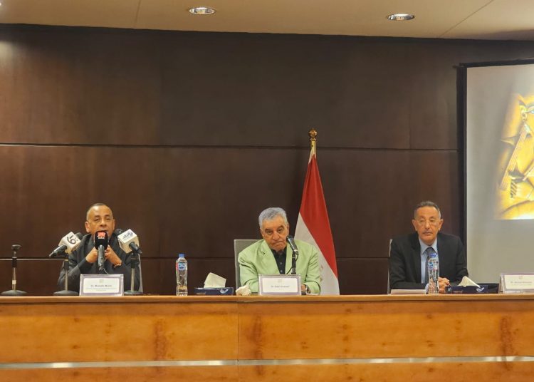 From L to R: Archaeologists Mostafa Waziry, Zahi Hawass and NMEC Managing Executive Director Ahmed Ghoneim during the press conference on Monday.