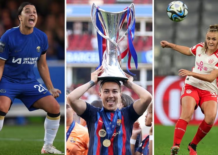 Left to right: Chelsea’s Sam Kerr, Barcelona’s Lucy Bronze with the Women’s Champions League trophy, and Georgia Stanway of Bayern Munich.