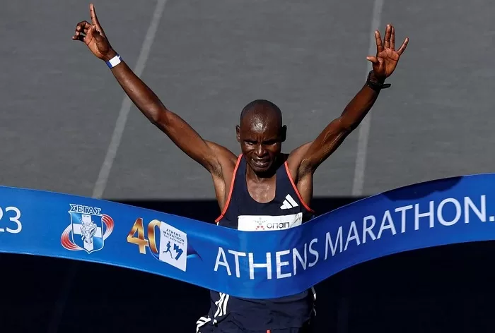 Kiptoo sets record in Athens Marathon 1 - Egyptian Gazette Kenya's Edwin Kiptoo crosses the finish line to win the 40th Athens Marathon, in Athens.