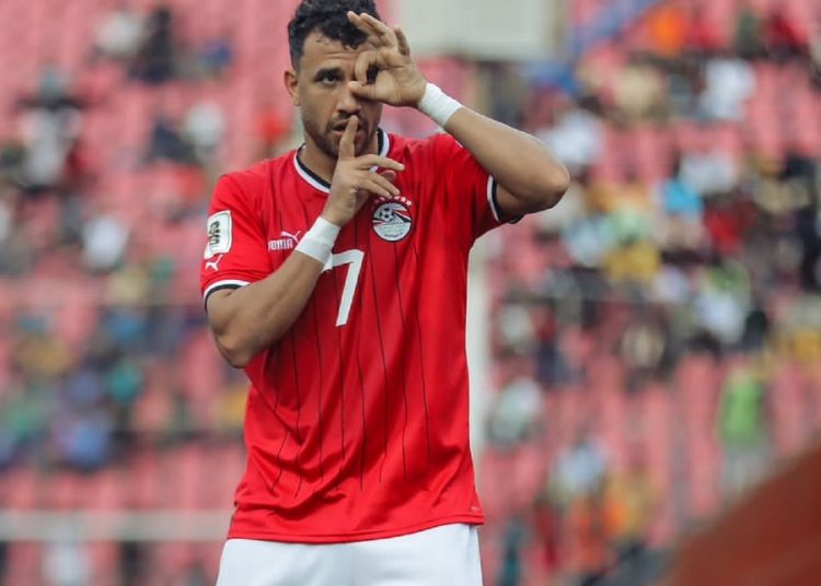 Egypt’s Mahmoud ‘Trezeguet’ celebrate after scoring a brace of goals against Sierra Leone.