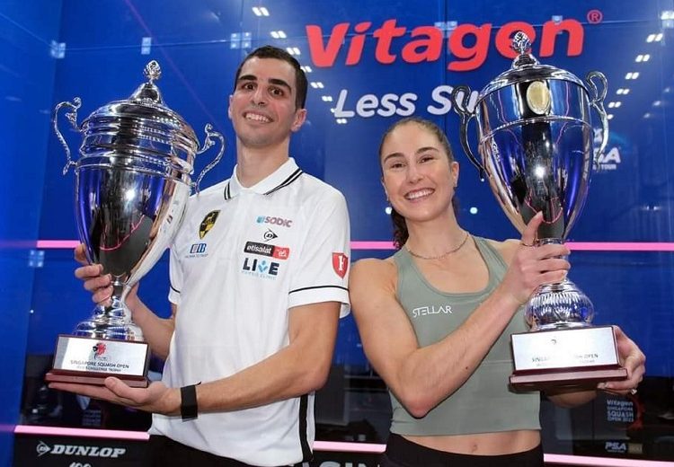 Egypt's Ali Farag (L) and Belgium's Nele Gilis emerge as men's and women's champions respectively at the 2023 Vitagen Singapore Squash Open.