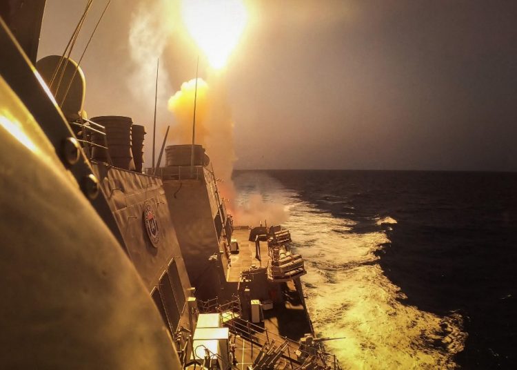 This handout picture courtesy of the US Navy taken on October 19, 2023 shows the Arleigh Burke-class guided-missile destroyer USS Carney (DDG 64) defeating a combination of Houthi missiles and unmanned aerial vehicles in the Red Sea. A US Navy ship in the Red Sea on October 19, 2023 shot down missiles and drones that had been fired by Iran-backed Huthi rebels in Yemen, possibly at Israel, the Pentagon said. Three "land-attack cruise missiles and several drones" were intercepted by a destroyer, Pentagon spokesman Brigadier General Pat Ryder told reporters. The attack was "launched by Huthi forces in Yemen" potentially toward targets in Israel, he added. Thousands of civilians, both Palestinians and Israelis, have died since October 7, 2023, after Palestinian Hamas militants based in the Gaza Strip entered southern Israel in an unprecedented attack triggering a war declared by Israel on Hamas with retaliatory bombings on Gaza. (Photo by Aaron Lau / US NAVY / AFP) / RESTRICTED TO EDITORIAL USE - MANDATORY CREDIT "AFP PHOTO / ASSEMBLEE NATIONALE 2022" - NO MARKETING NO ADVERTISING CAMPAIGNS - DISTRIBUTED AS A SERVICE TO CLIENTS