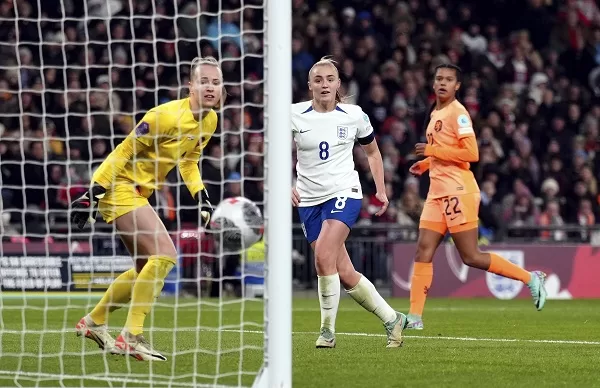 England keeps Olympic hopes alive 1 - Egyptian Gazette England's Georgia Stanway (C) scores her side's first goal against Netherlands during the UEFA Women's Nations League match in London.