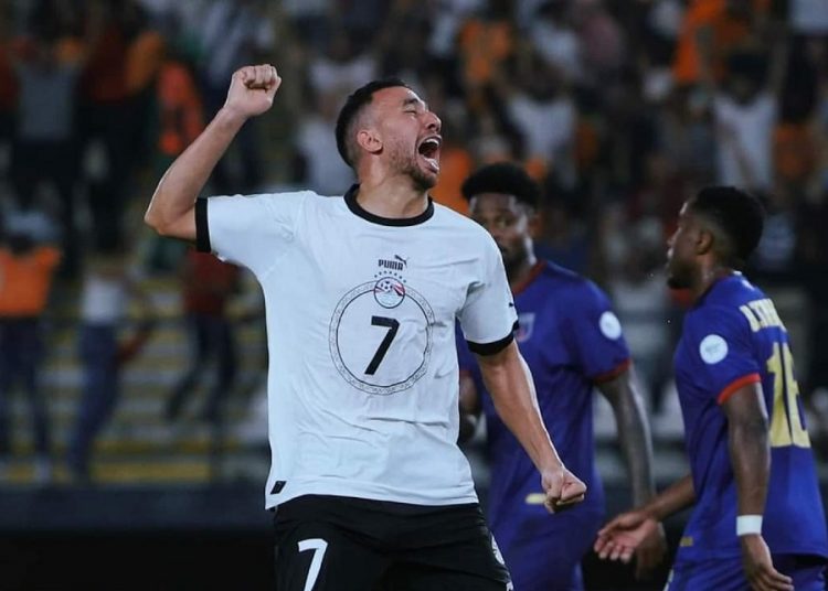 Egypt’s Mahmoud Trezeguet celebrates scoring his team’s first goal against Cape Verde in Abidjan.